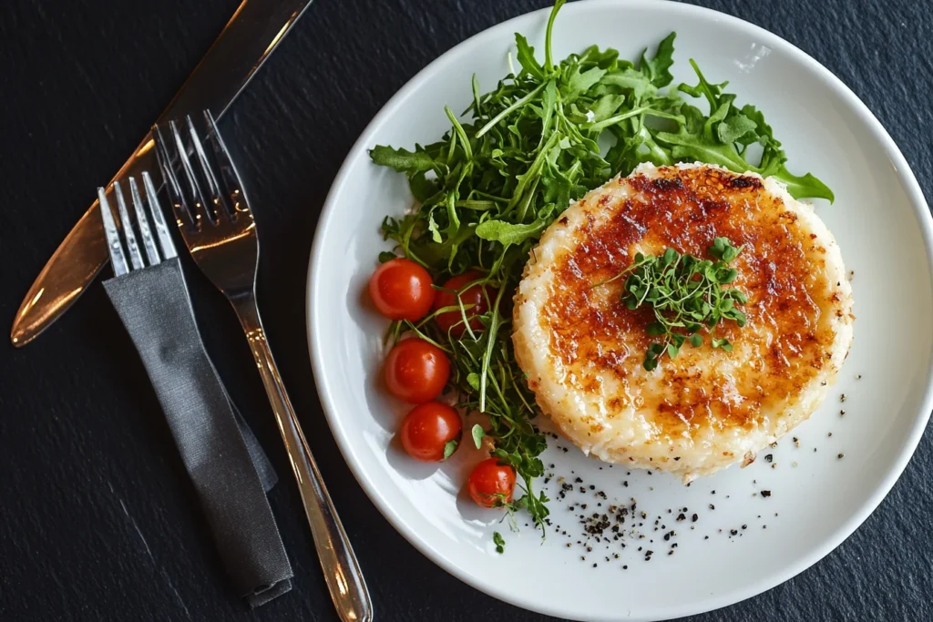 Crab Brulee with arugula salad and cherry tomatoes on a white plate