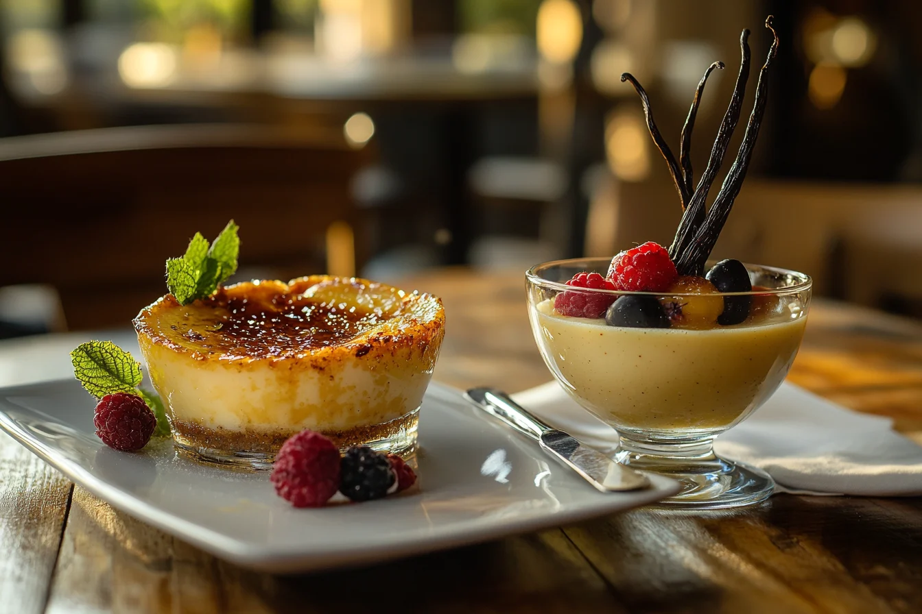 Crème Brûlée and Custard side by side on a wooden table