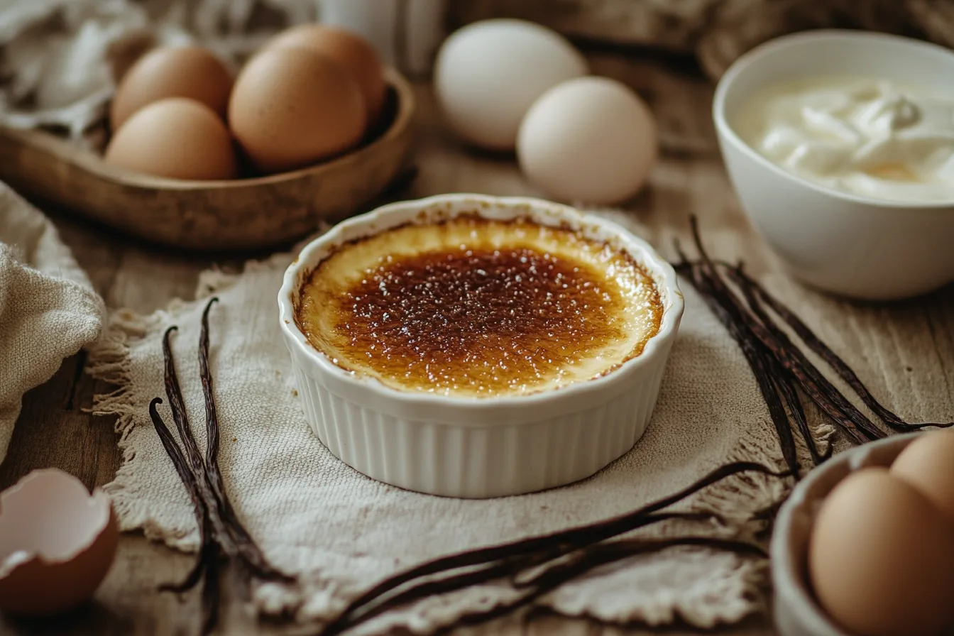 Classic crème brûlée dessert with caramelized sugar topping