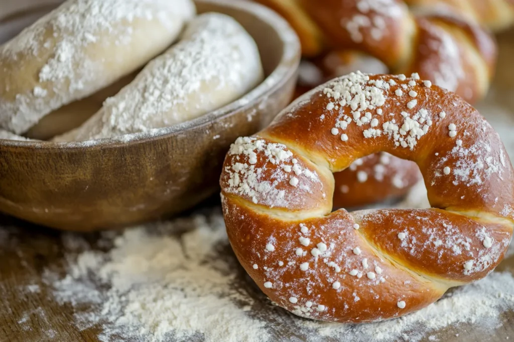 Pizza dough and pretzel dough on a floured wooden surface.