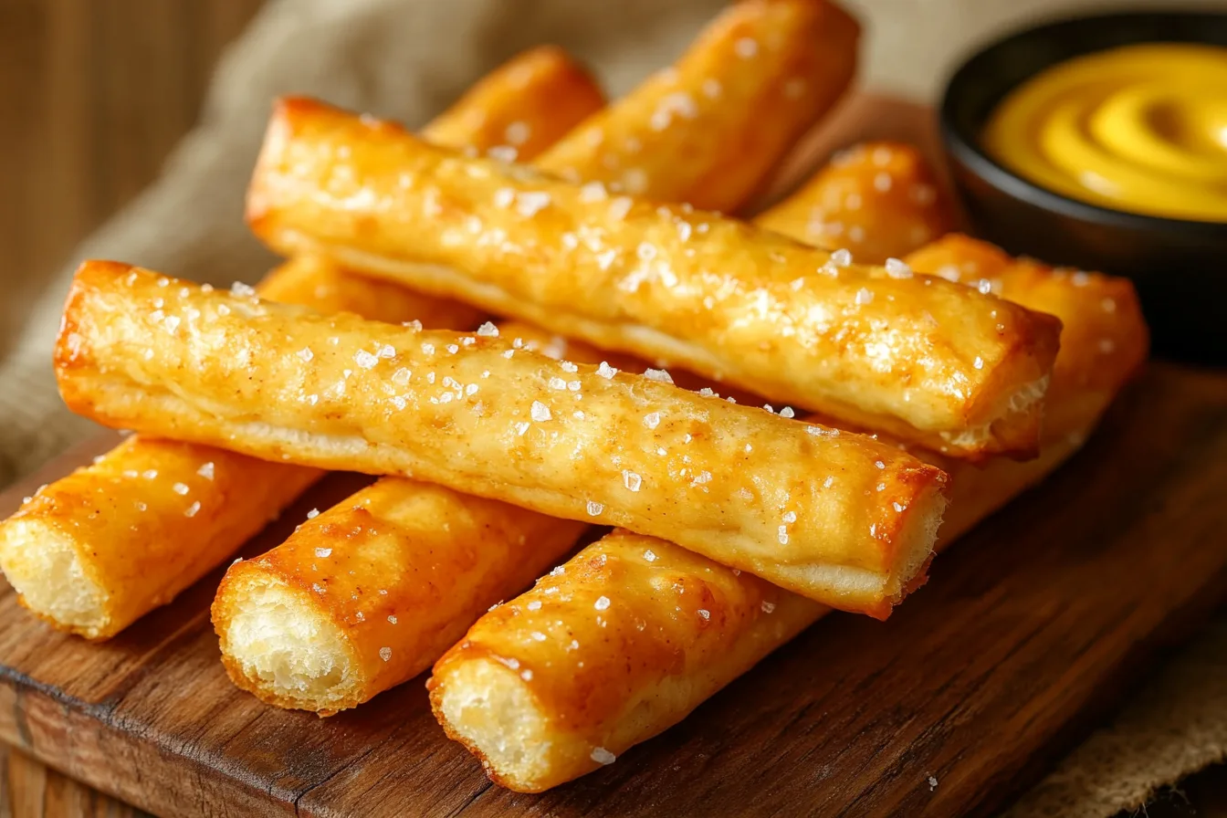 Golden-brown pretzel sticks on a wooden board with mustard.