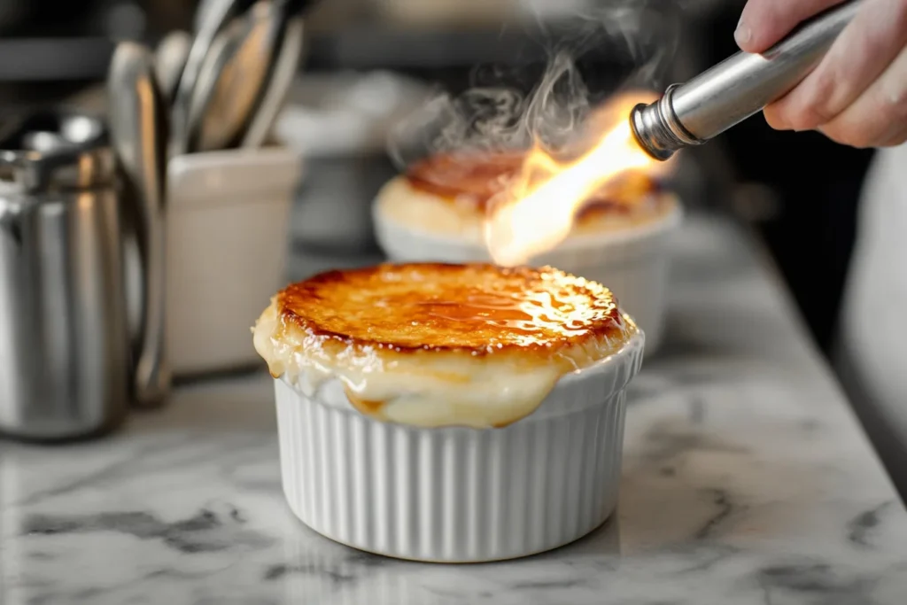 Chef caramelizing sugar on a crème brûlée with a blowtorch