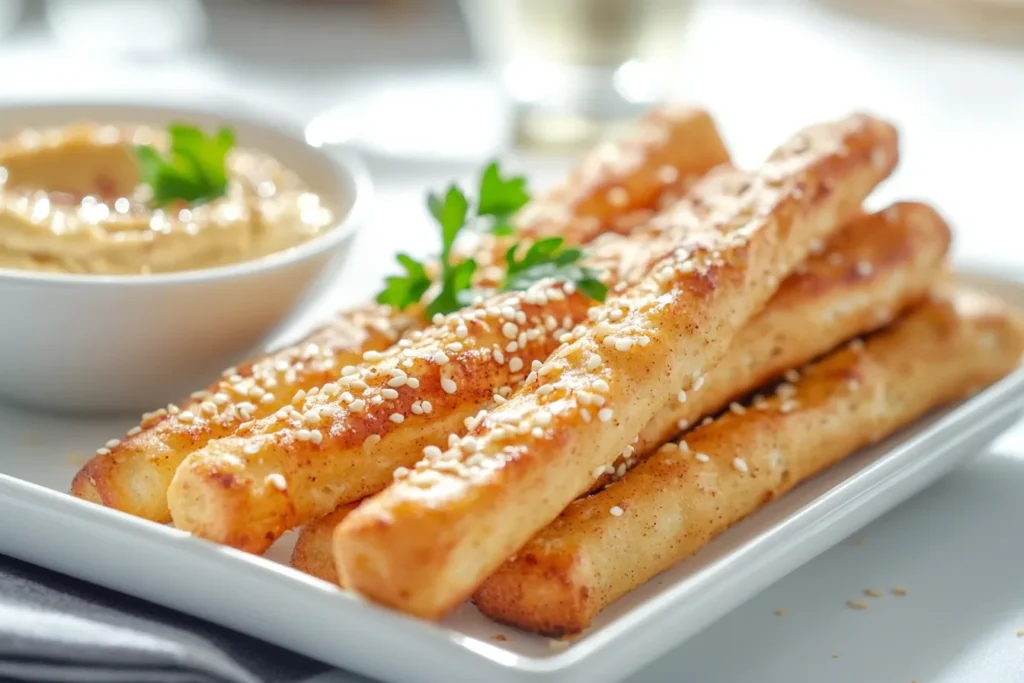 Gluten-free pretzel sticks with sesame seeds and hummus.