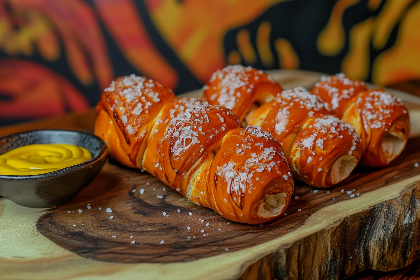 Golden-brown pretzels with coarse salt and mustard dip