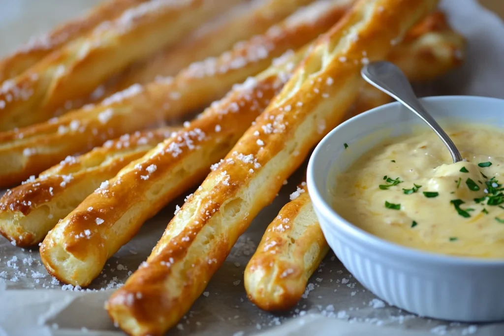 Soft pretzel sticks fresh out of the oven with cheese dip
