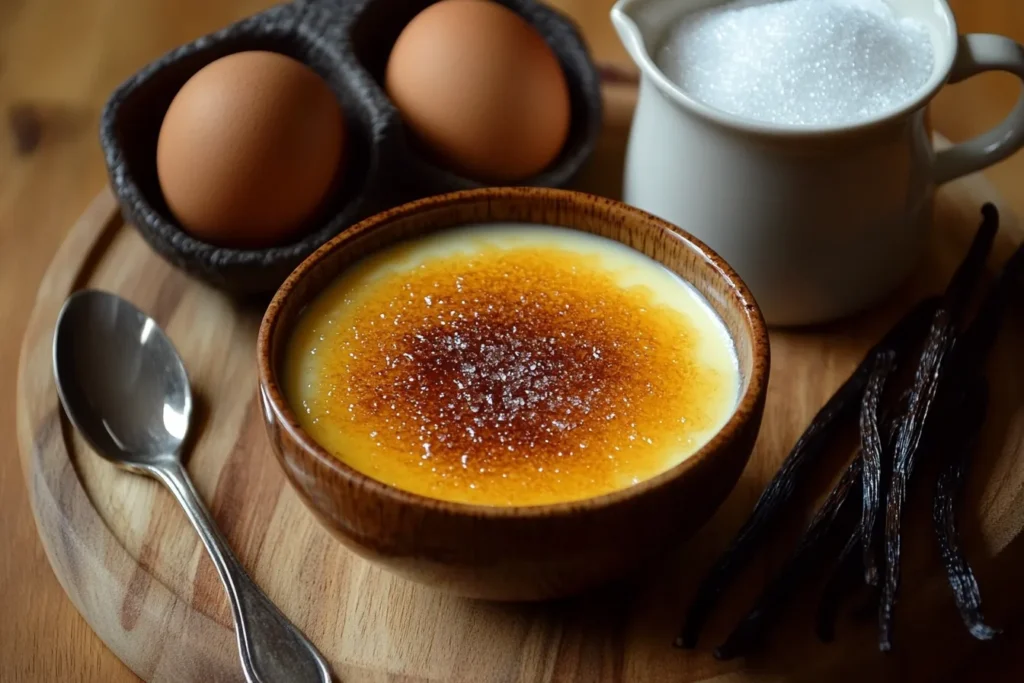 Ingredients for making crème brûlée, including cream, eggs, sugar, and vanilla beans