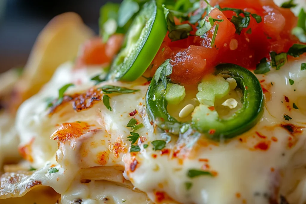 Pepper jack cheese melting over nachos with jalapeños and salsa.