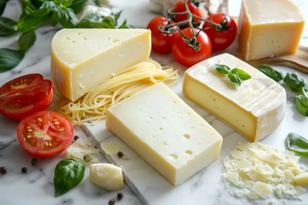 Pepper jack cheese compared to Parmesan and Mozzarella with pasta and fresh basil