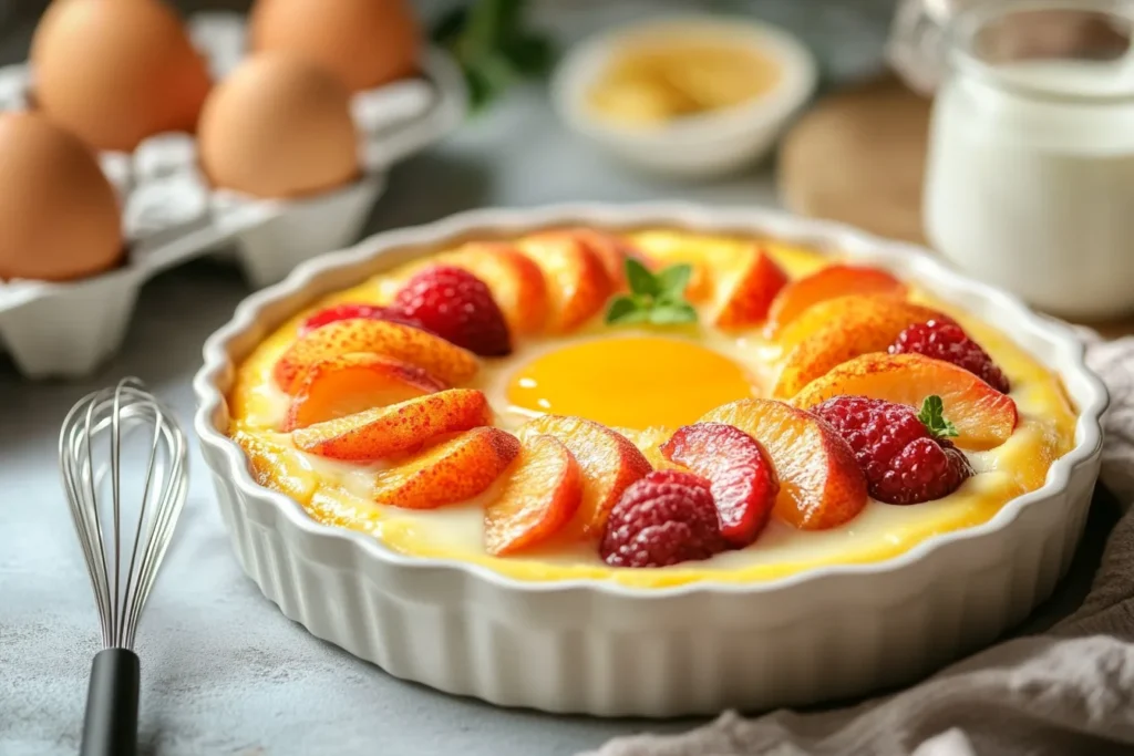 Baked custard topped with fresh fruit in a ceramic dish