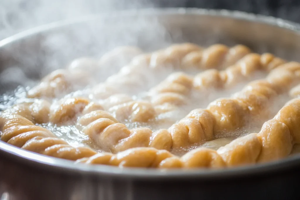Pretzel dough boiling in a pot of water