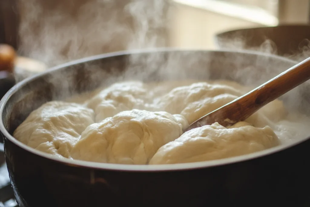 Pretzel dough boiling in a baking soda solution