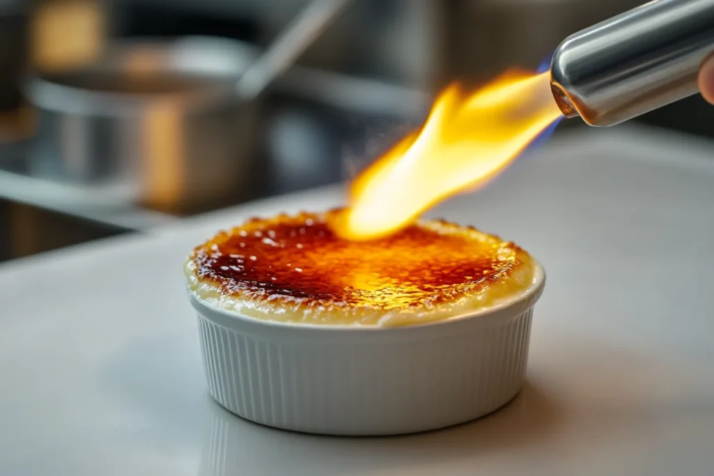 Blowtorch caramelizing crème brûlée topping