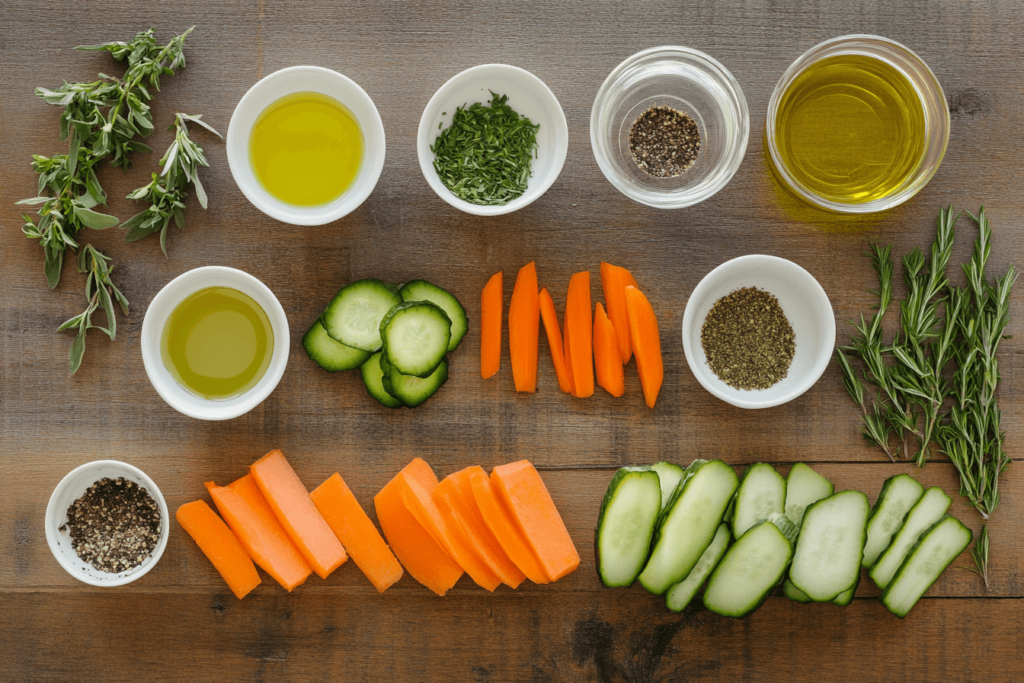Flat-lay shot of recipe ingredients on a rustic wooden table