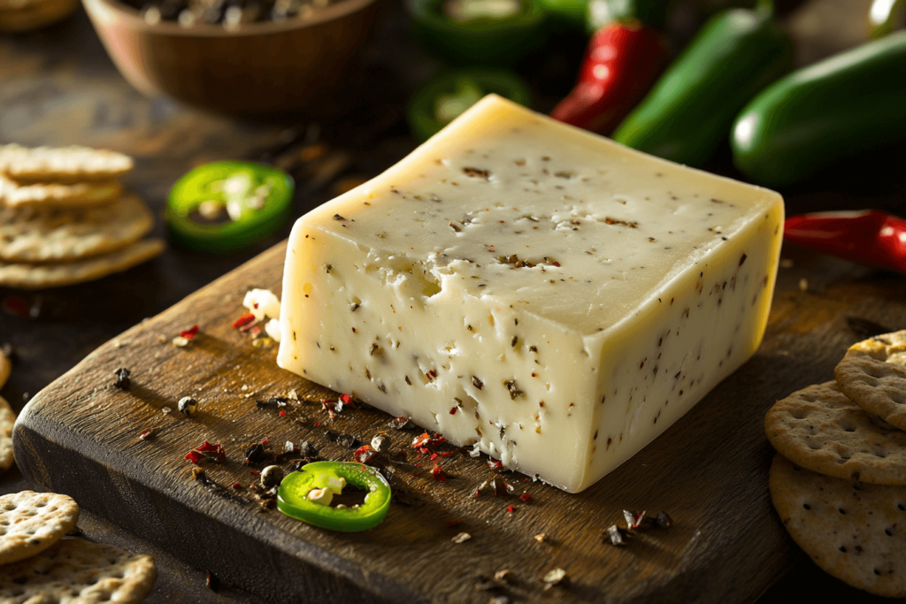 A block of Pepper Jack cheese with visible chili peppers on a wooden board