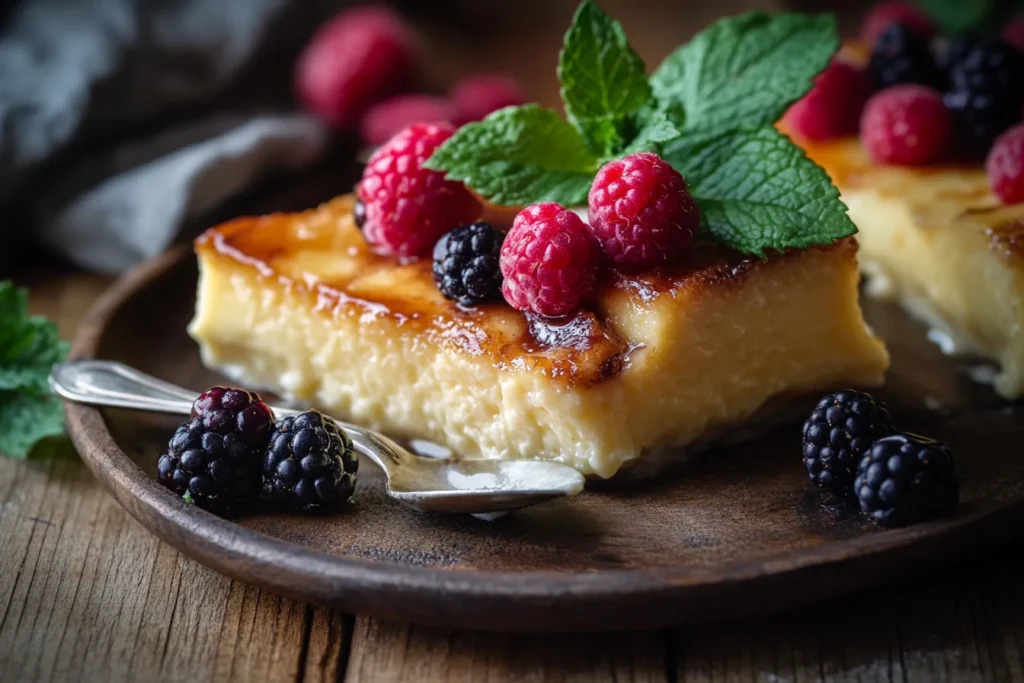 Close-up of crème brûlée with caramelized crust and creamy custard