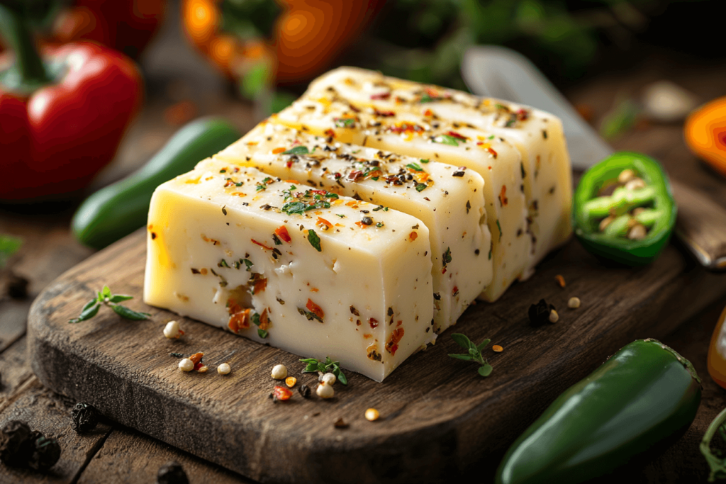 Pepper Jack Cheese on a Wooden Board with Peppers