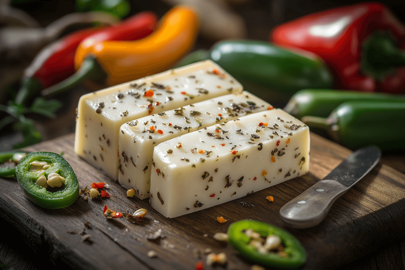 A close-up of Pepper Jack cheese slices on a wooden cutting board, garnished with fresh jalapeños, red chili flakes, and parsley, showcasing the creamy texture and flecks of spices