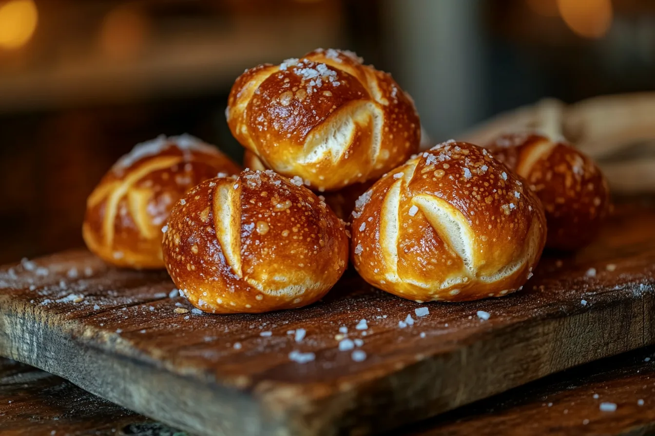 Freshly baked soft pretzels with coarse salt on a wooden board