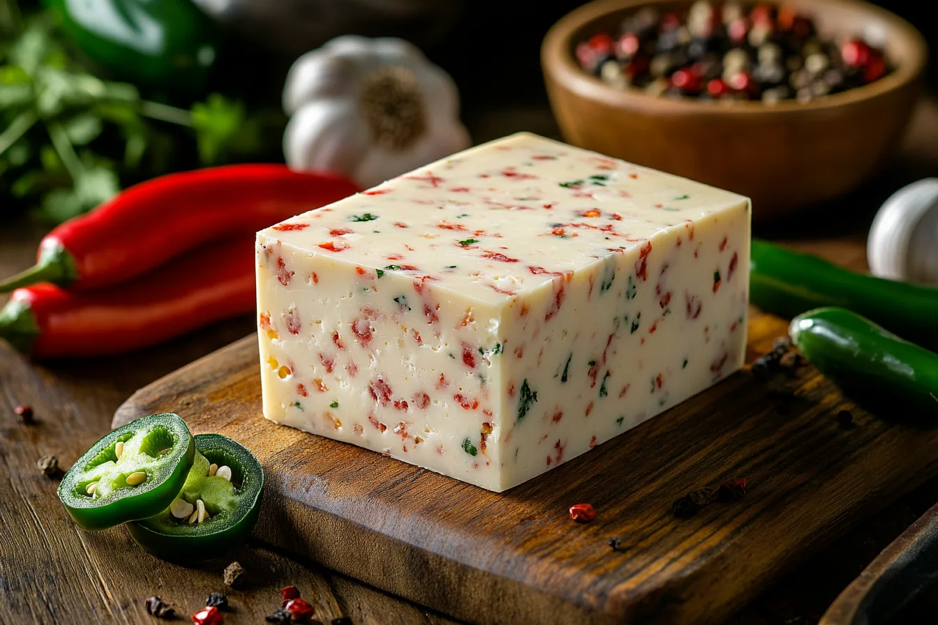 A block of pepper jack cheese with jalapeños, garlic, and herbs on a cutting board