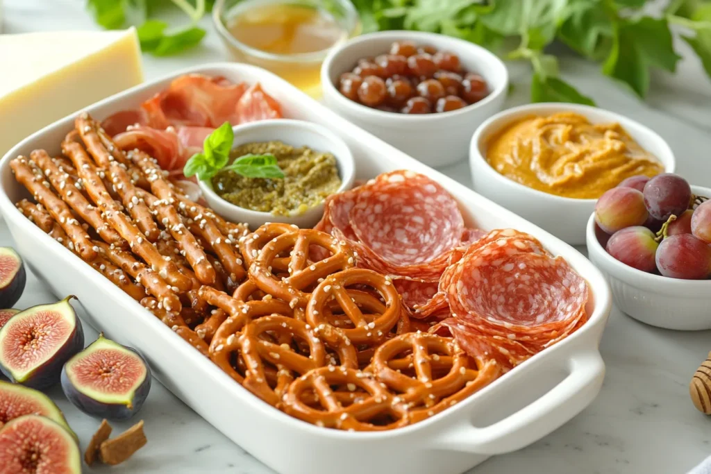 Charcuterie board with pretzel sticks, cheeses, and fruits