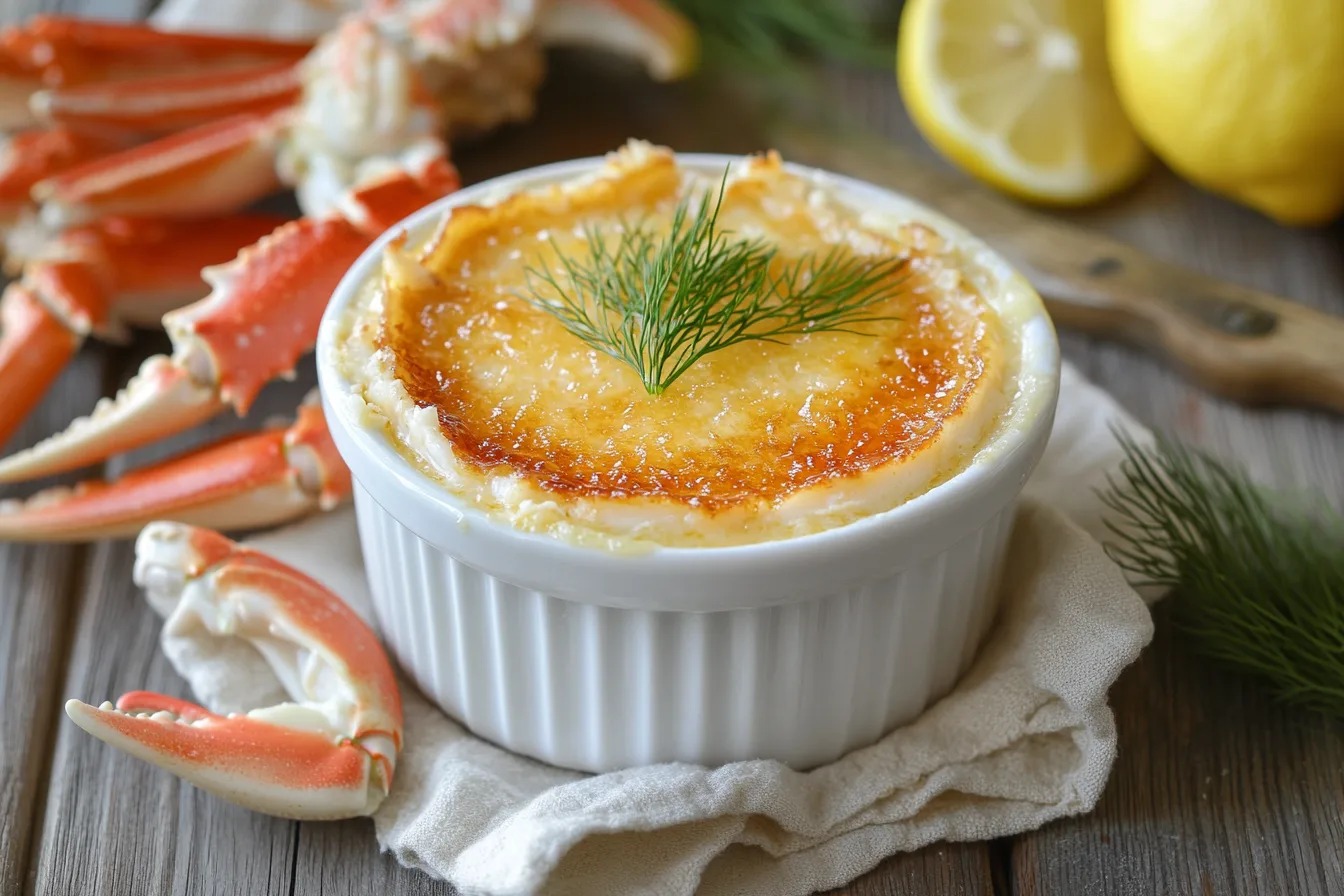Crab Brulee with caramelized crust in a white ramekin on a rustic wooden table