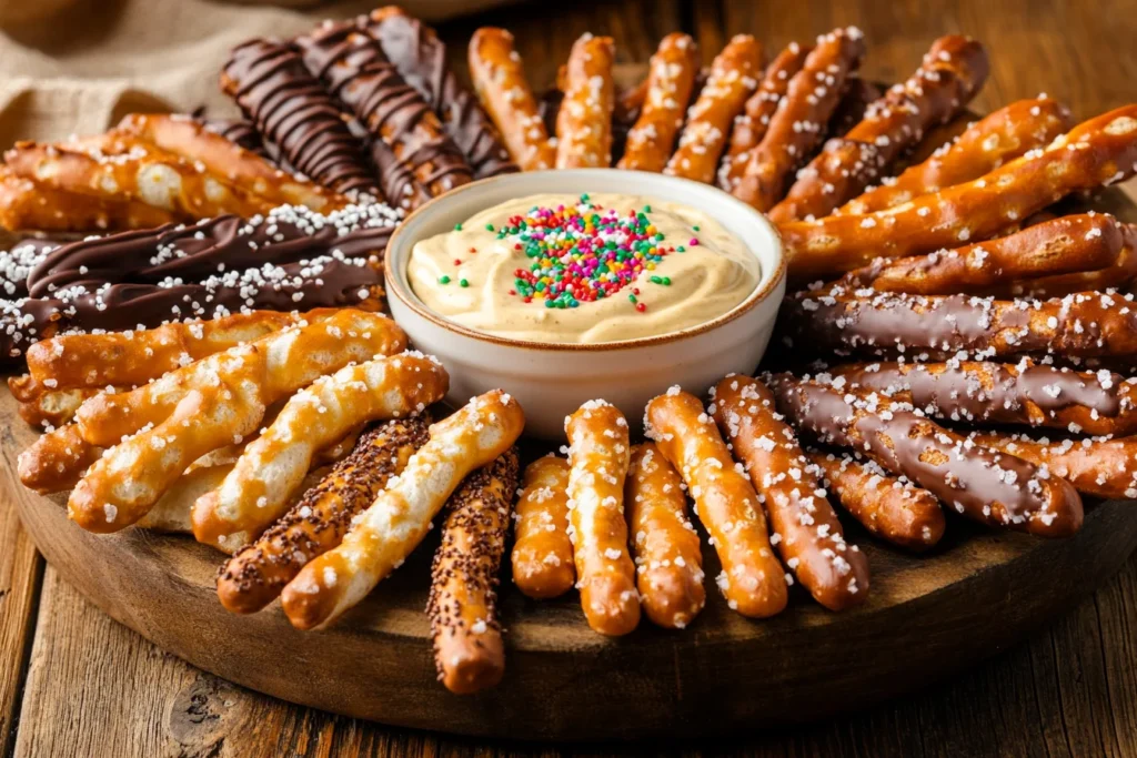 A variety of pretzel sticks with dips on a rustic platter