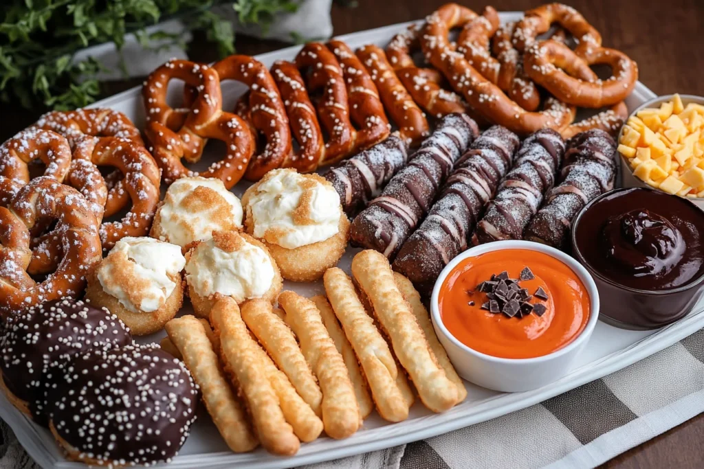 A variety of pretzel flavors and dipping sauces