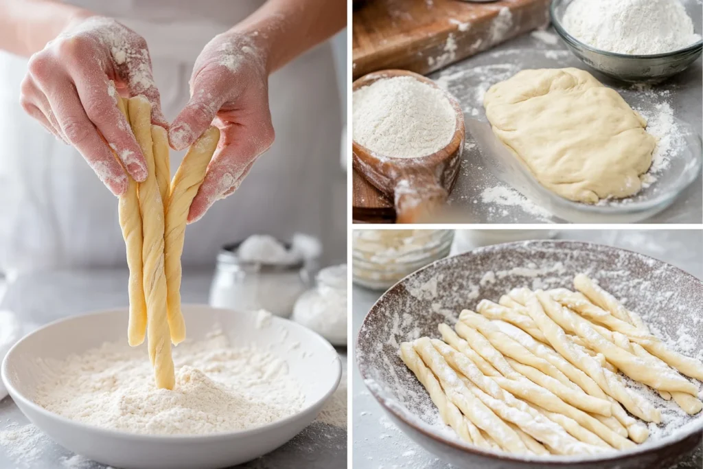 Step-by-step process of making pretzel sticks in the kitchen.