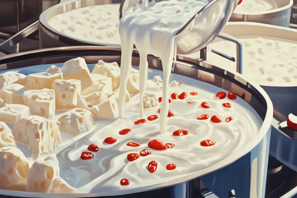 The process of making Pepper Jack cheese with milk, curds, and peppers