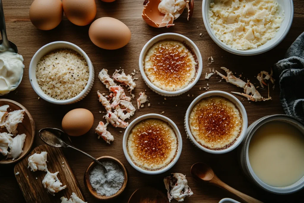 Crab Brulee preparation with custard-filled ramekins and ingredients on a counter