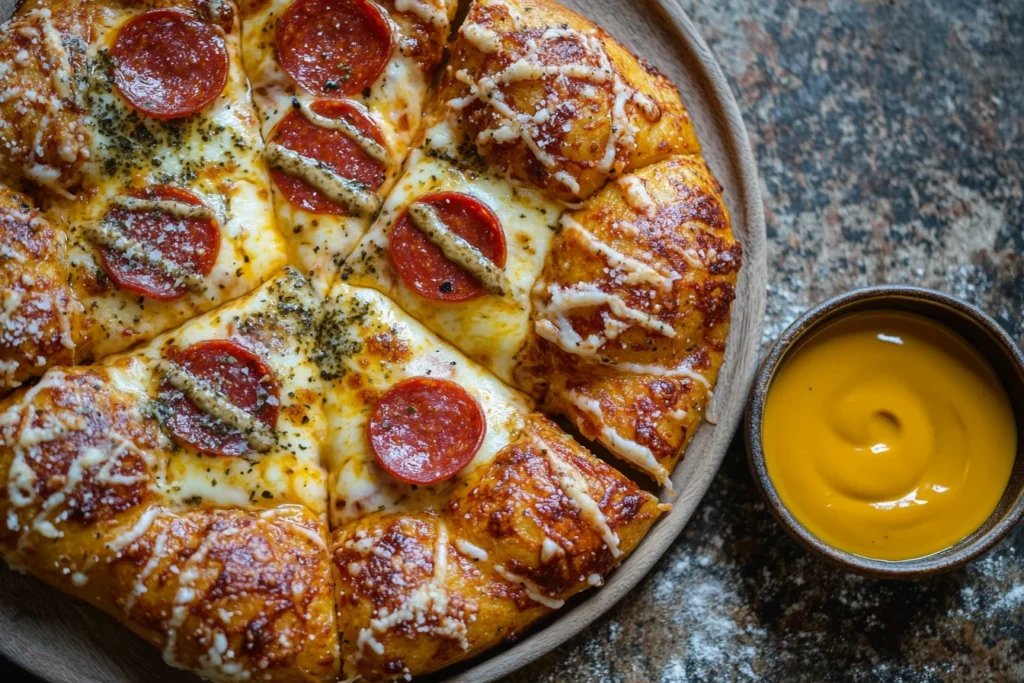 Pretzel crust pizza with cheese and pepperoni.