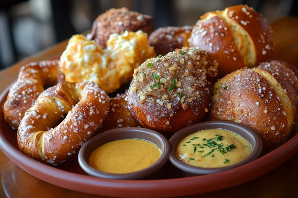 A variety of pretzels with dipping sauces on a plate