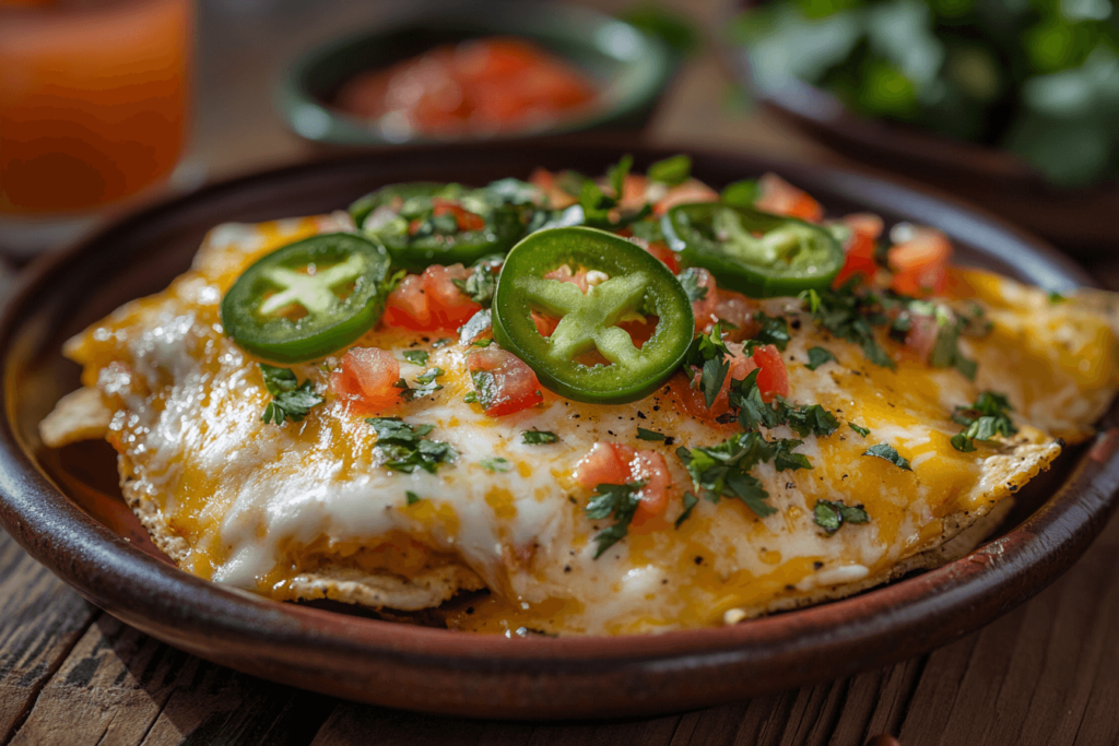 Nachos topped with melted Pepper Jack cheese, jalapeños, and tomatoes