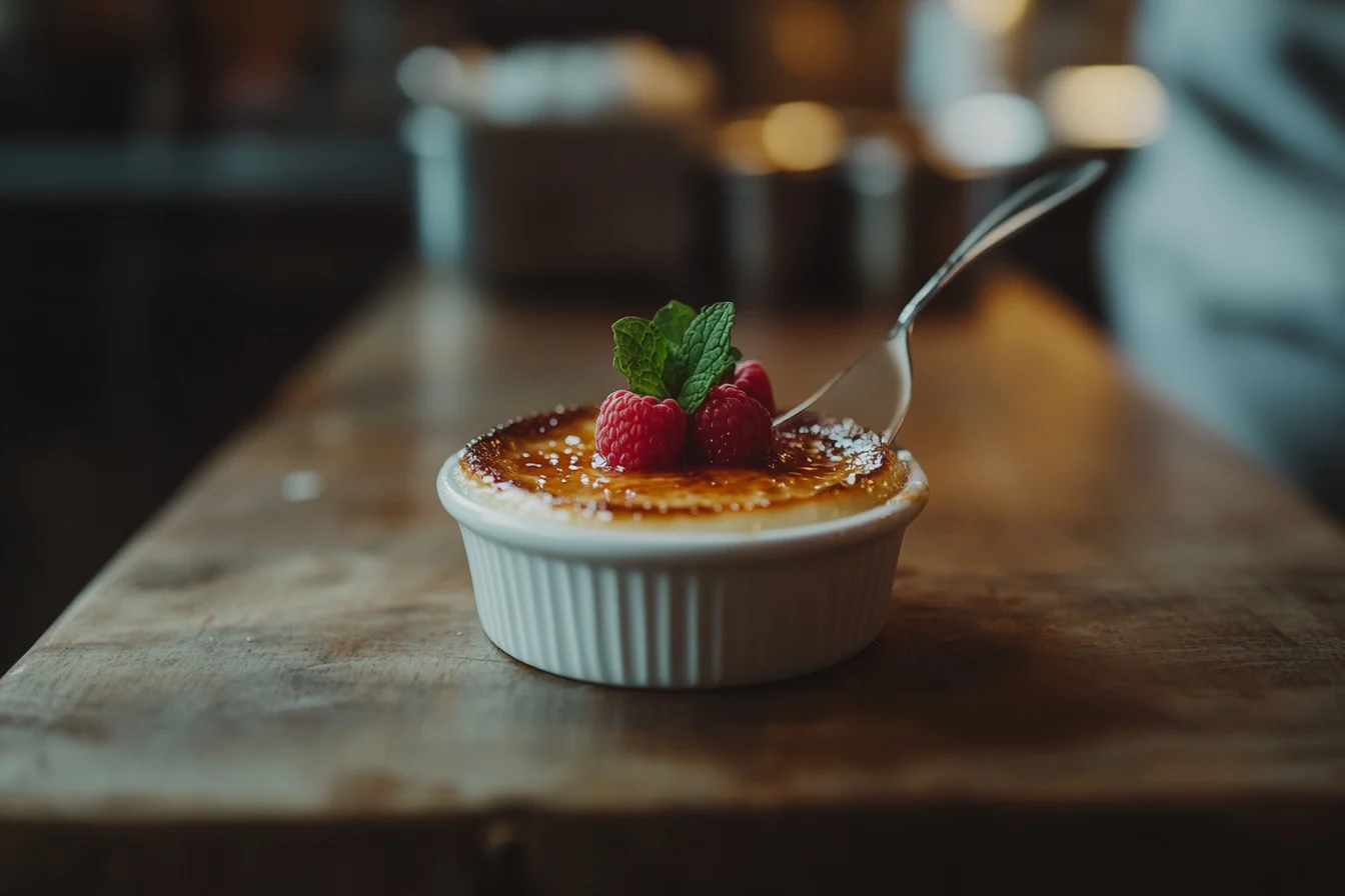 Perfectly caramelized crème brûlée in a ramekin