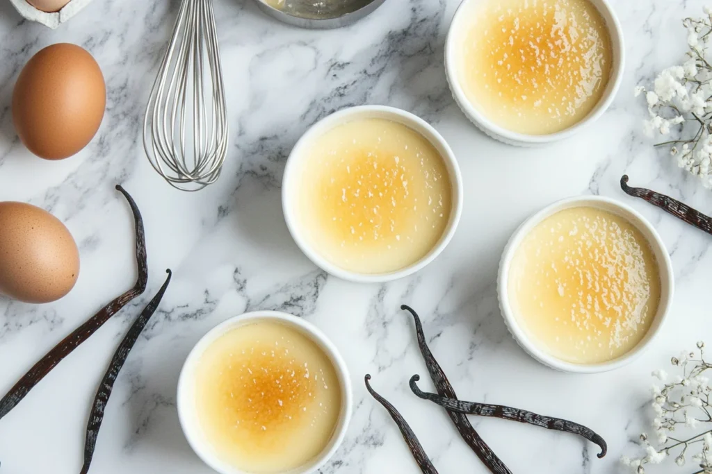 Crème brûlée preparation in ramekins with tools.