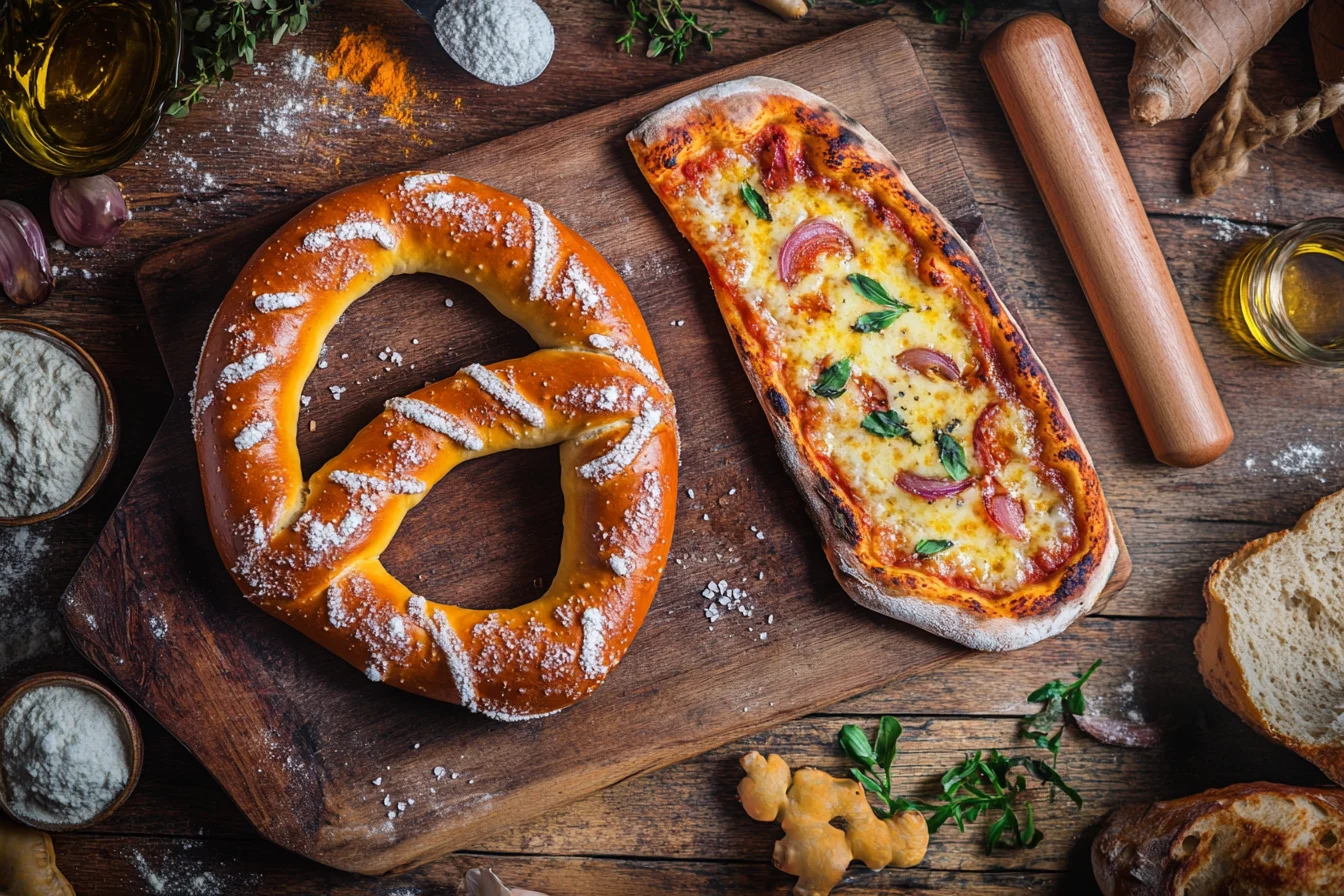 Freshly baked pretzel and pizza side by side on a wooden board