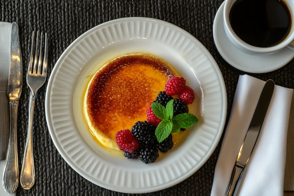 Crème brûlée served with berries and mint on a dining table.
