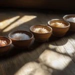 Artisan salts in ceramic bowls, including substitutes for fleur de sel.