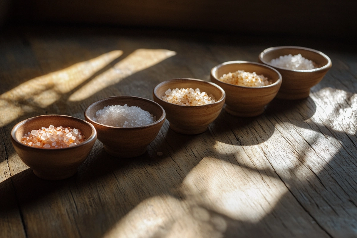 Artisan salts in ceramic bowls, including substitutes for fleur de sel.