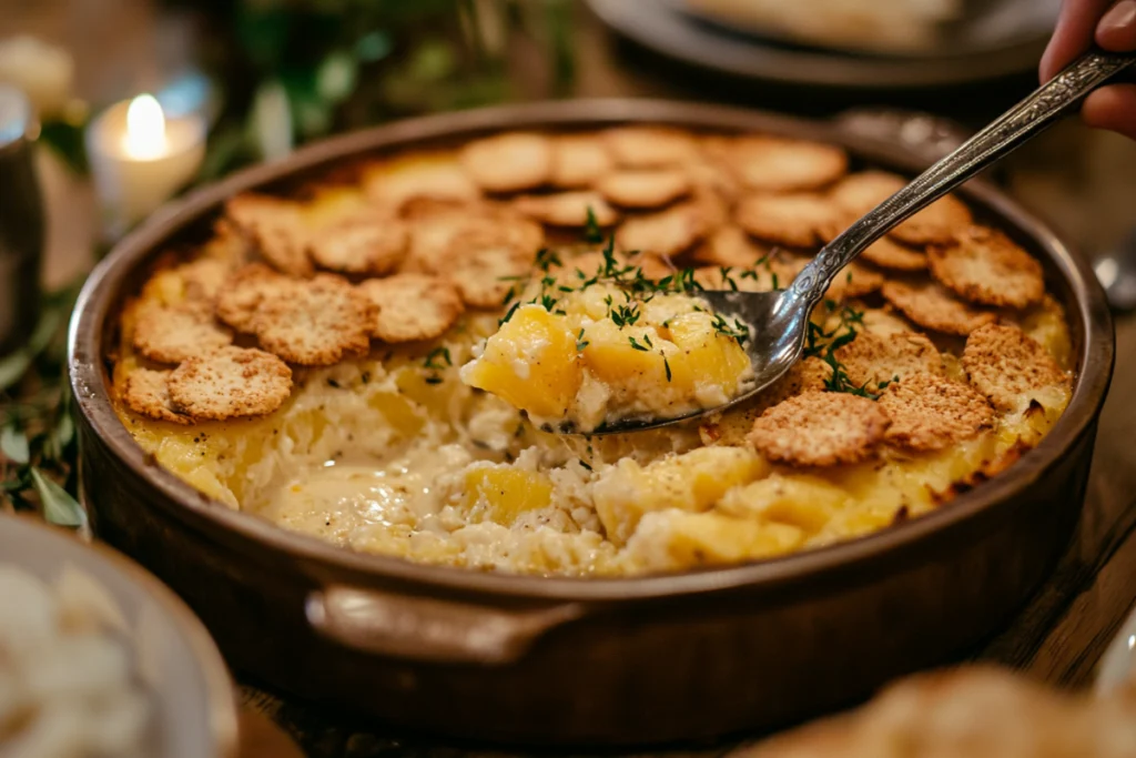 A serving of pineapple casserole with Ritz crackers being lifted from a casserole dish.
