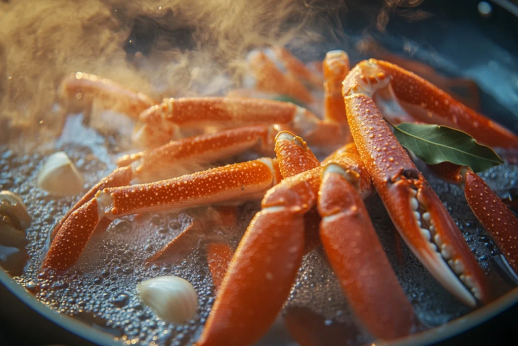 Boiling snow crab legs in a pot with garlic and herbs.