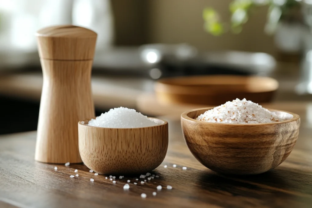 Table salt in a shaker and fleur de sel in a wooden bowl on a rustic countertop.