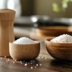 Table salt in a shaker and fleur de sel in a wooden bowl on a rustic countertop.