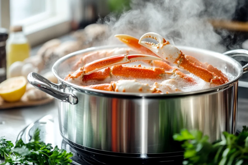 Snow crab legs being boiled in a pot with steam rising.