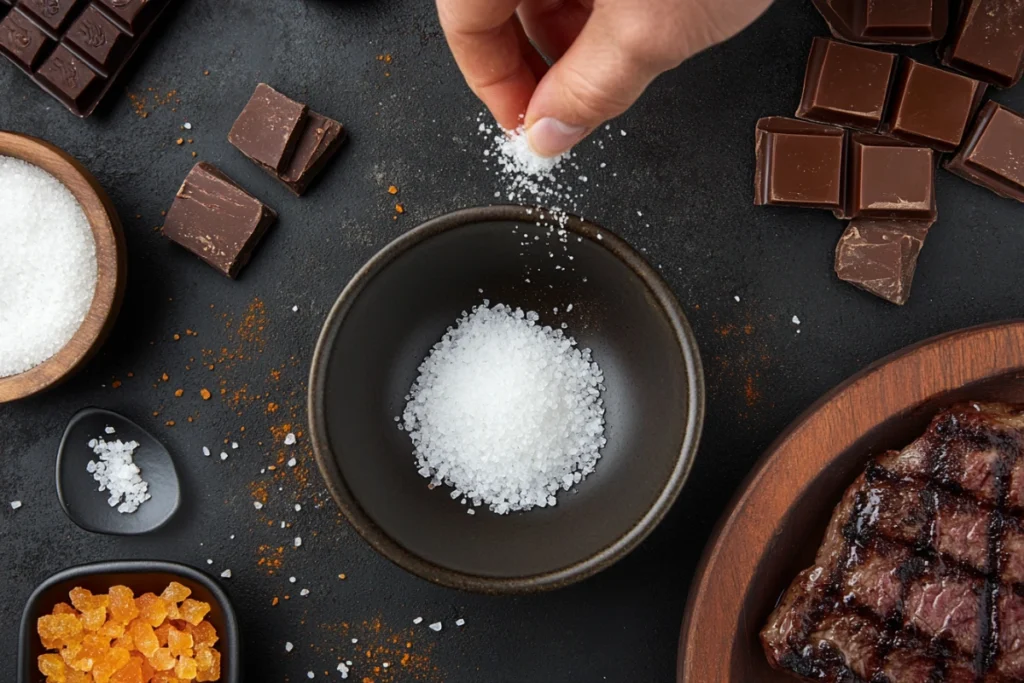 Fleur de sel with caramel, chocolate, and grilled steak.