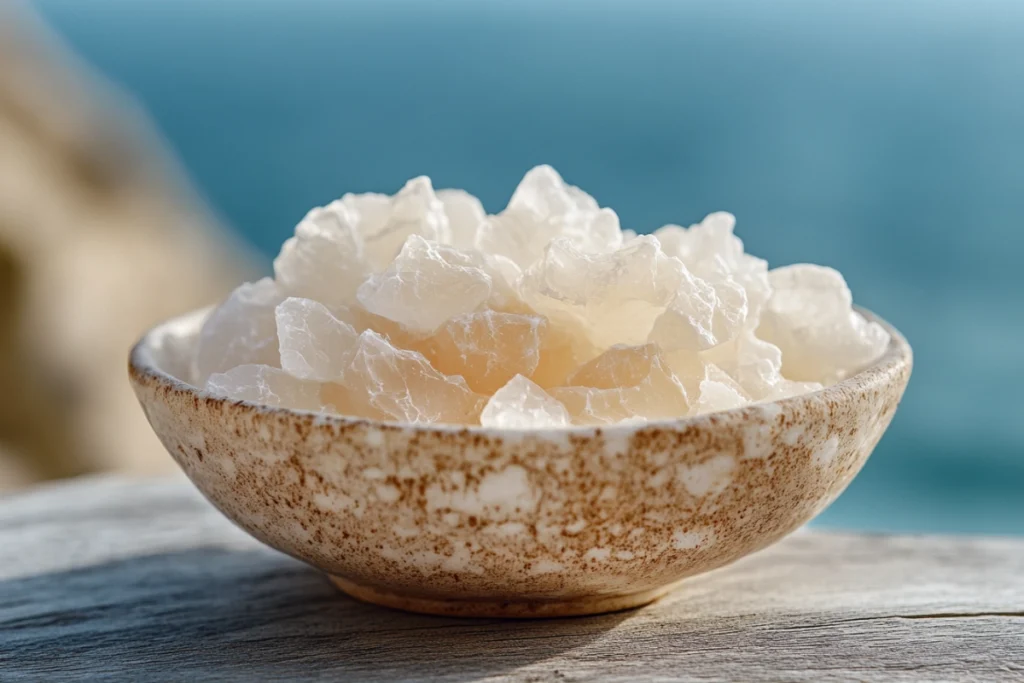 Fleur de Sel crystals in a ceramic bowl with a rustic background