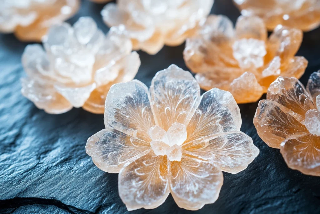 Close-up of flaky fleur de sel crystals on a slate surface.