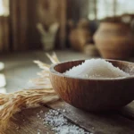 Hand-harvested fleur de sel in a wooden bowl with salt marshes in the background.