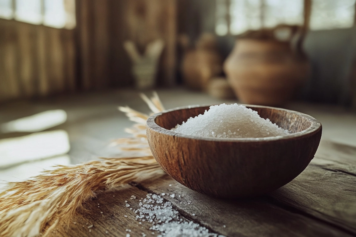 Hand-harvested fleur de sel in a wooden bowl with salt marshes in the background.