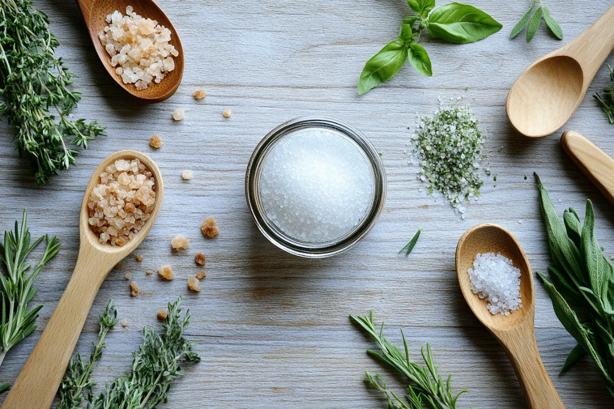 Fleur de sel styled with herbs and rustic tools.